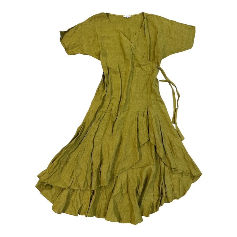 Vanessa Zani ITALY 100%Linen Dress Sz M Peplum Flair Hem Festival Art Apron Wrap